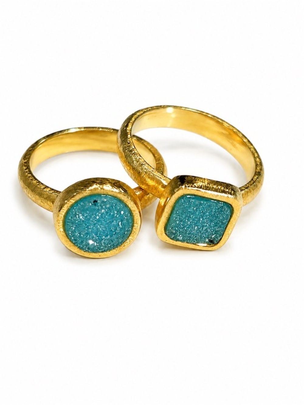 Gold Plated Ring Set with Turquoise Druzy Stones - Women's Jewelry